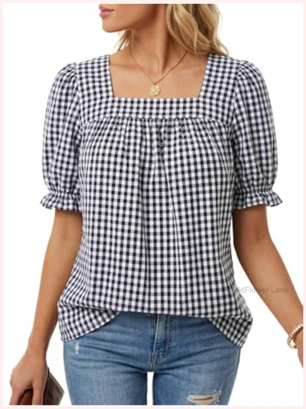 Women's Gingham Cotton Blouse Square Neck Puff Sleeve